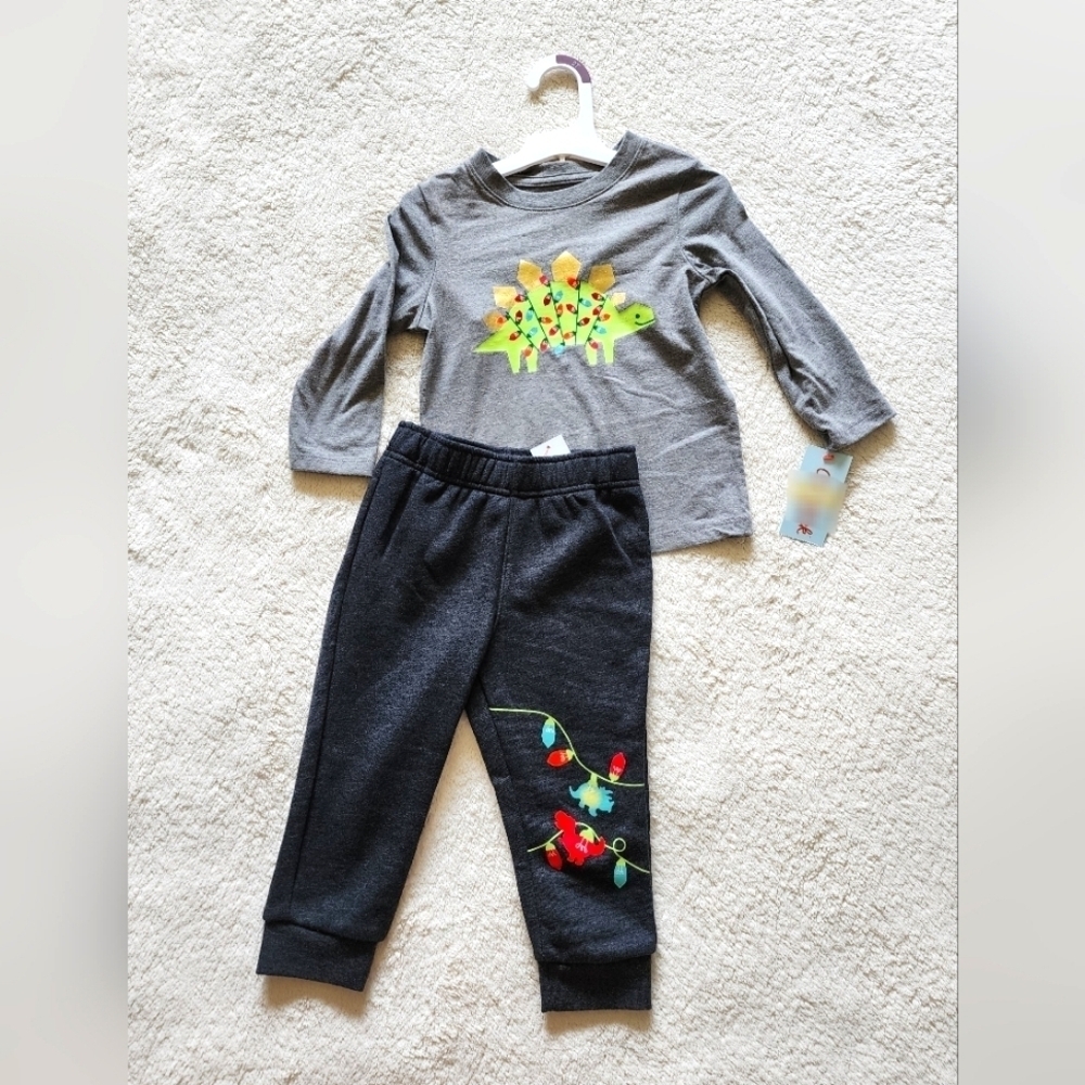 NWT toddler boy Christmas outfit 2 piece set lights Dinosaur, size 2t